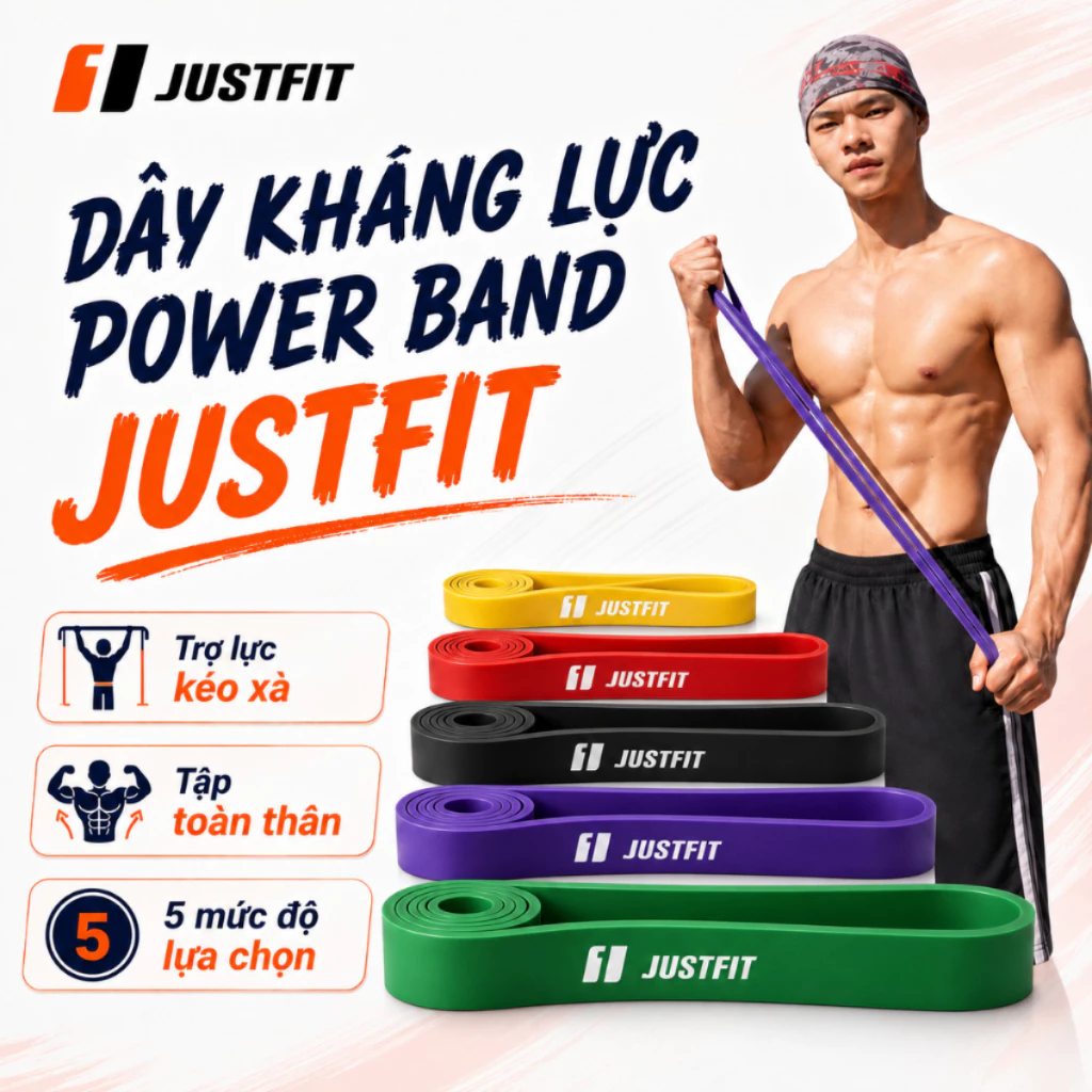 Dây kháng lực tập gym JUSTFIT power band cao su đàn hồi trợ lực kéo xà, tập tay, chân, toàn thân