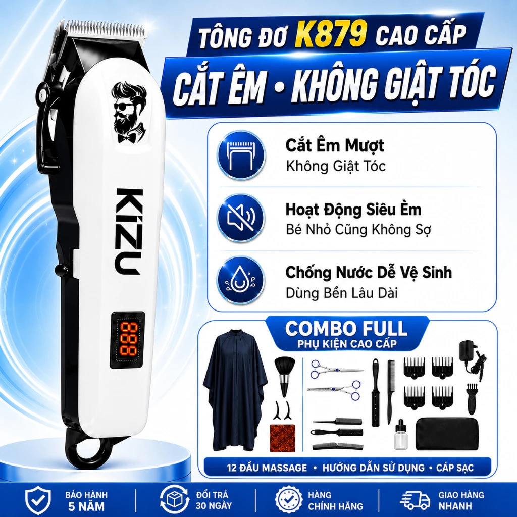 Tông Đơ Cắt Tóc Nam Không Dây Kizu K879 Có Kèm Sạc, Máy Cắt Tóc Gia Đình Pin 2200mAh, Dùng 240 phút