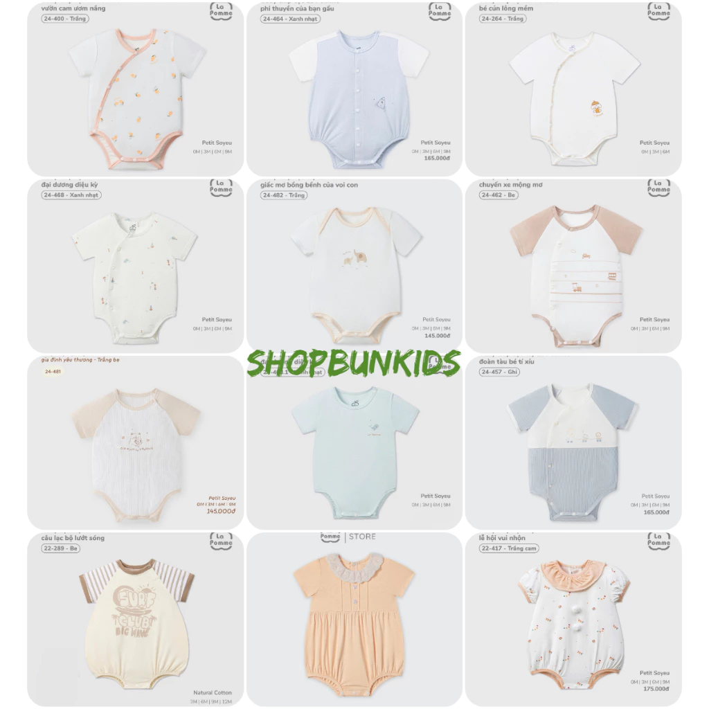 Body chip cộc tay La Pomme  , body chip cộc Lapomme Bộ bodysuit liền cộc tay bé sơ sinh vải hè mỏng mát