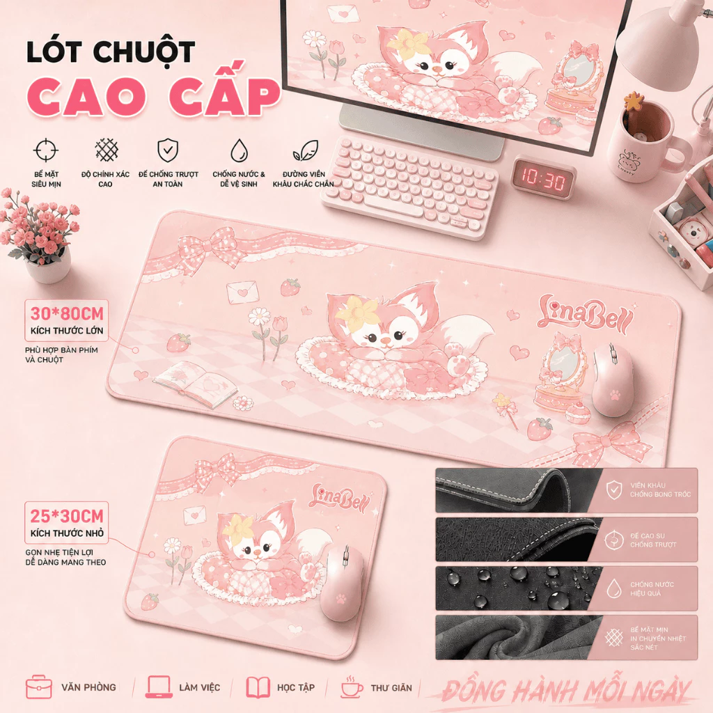 Lót chuột LinaBell hồng ngọt ngào, họa tiết trà chiều dễ thương, chống trơn, quà tặng cho bạn gái, size 80*30 & 25*30.