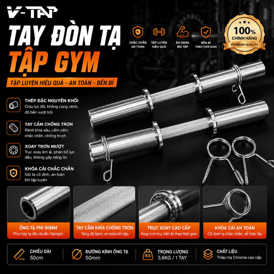 Tay Đòn Tạ Đơn Phi 50mm*50cm, Đòn Tạ Tay Thép Đặc Mạ Inox + 2 Khóa Kẹp ( 1 tay)