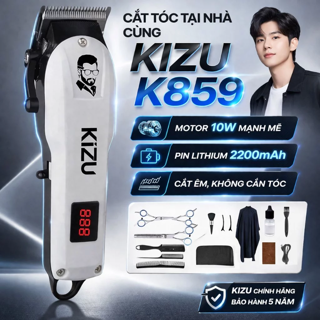 Tông Đơ Cắt Tóc Kizu K859 Chính Hãng, Tăng Đơ Cắt Tóc Nam Không Giật Tóc, Pin Sạc, Cắt Êm Tại Nhà
