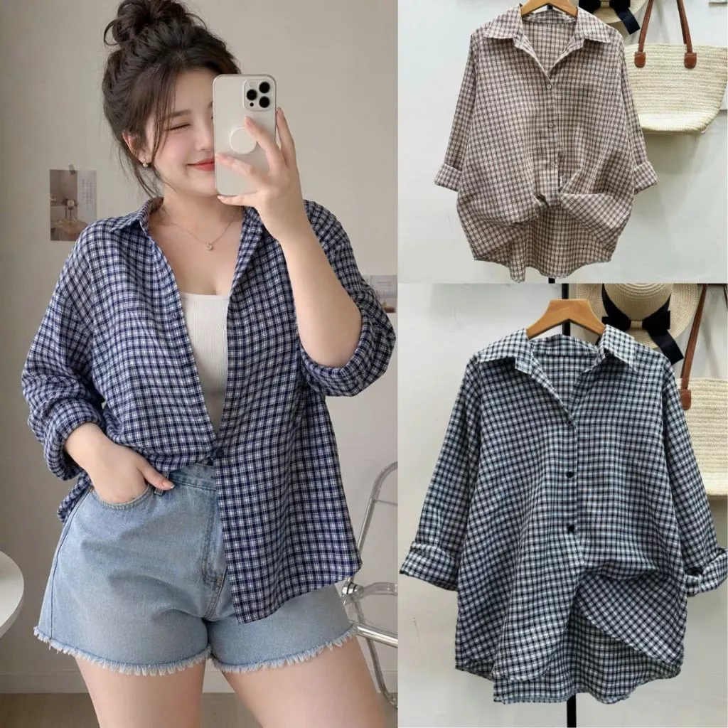 Áo Sơ Mi Sọc Caro Bigsize Nữ Form Rộng Che Bụng, Tay Dài Xắn Được, Mặc Siêu Thoải Mái-A366