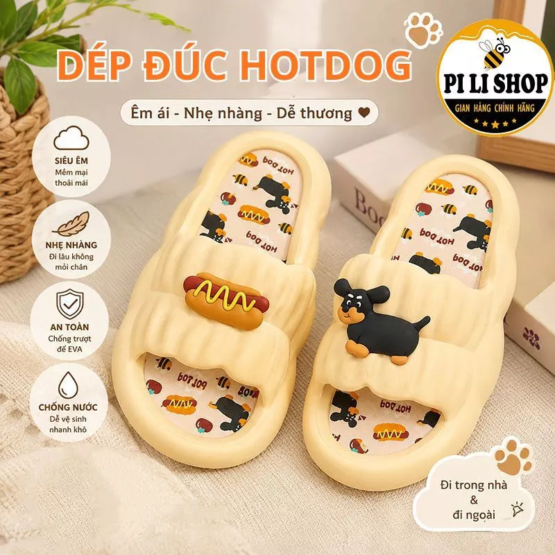Dép Đúc Quai Ngang Unisex Họa Tiết Chú Chó Hotdog, Dép Đi Trong Nhà Xôp Mềm Êm Chân Chống Thấm Nước