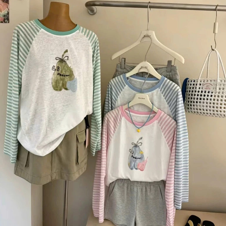 Áo thun nữ Tay Dài phối sọc gam màu Pastel ngọt ngào menina__studio, áo dài tay nữ kẻ sọc siêu xinh