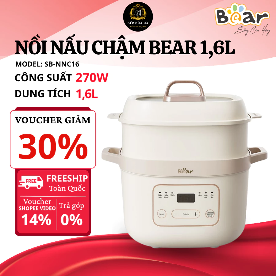Nồi Nấu Chậm Bear SB-NNC16 1.6L Đa Chức Năng Nấu Cháo Hầm Súp, Thiết Kế Hiện Đại Dễ Sử Dụng - Bếp Của Hà