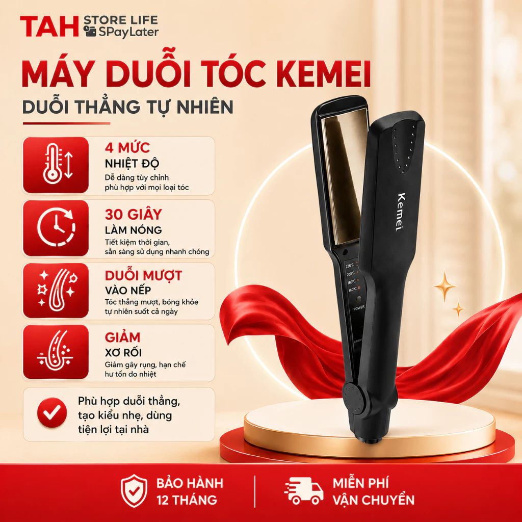 Máy Duỗi Tóc Kemei KM329 Nhựa ABS Cao Cấp Ceramic, Điều Chỉnh 4 Mức Nhiệt Dễ Sử Dụng