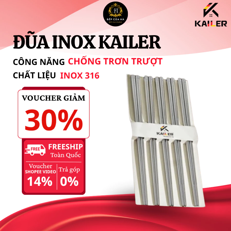 Hộp 10 Đũa Kailer Inox 316 Chống Gỉ Cao Cấp, Thiết Kế Chống Trơn Trượt, An Toàn Cho Sức Khỏe - Bếp Của Hà