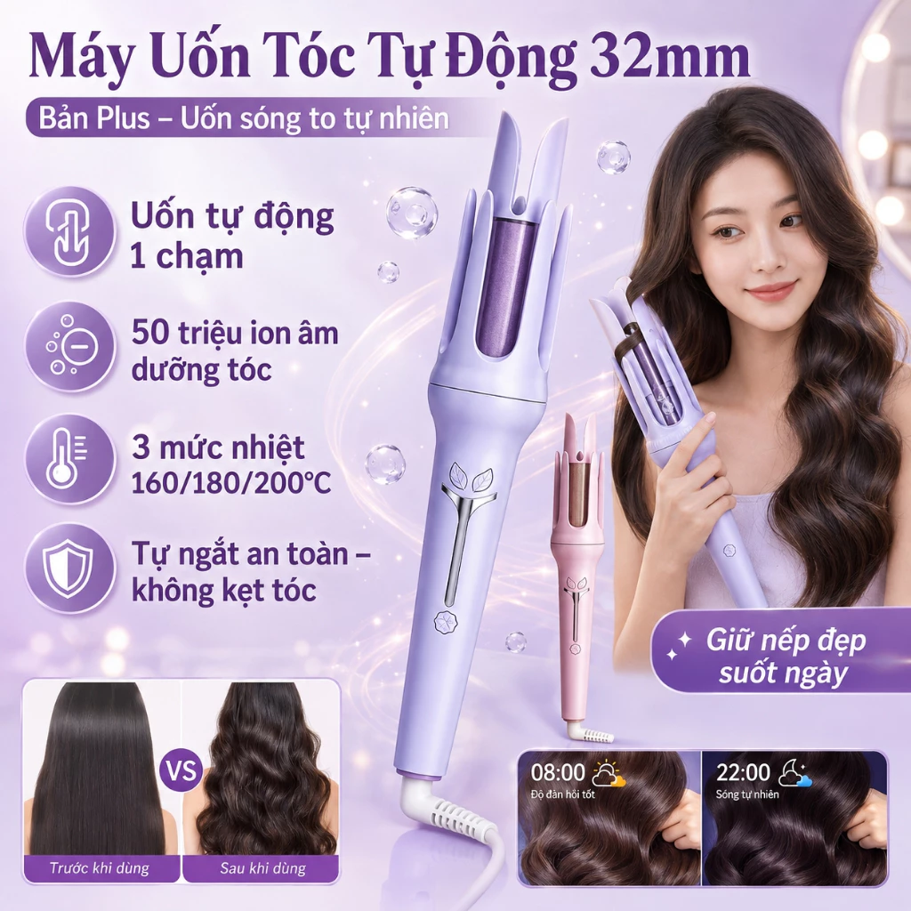 Máy uốn tóc tự động HYUNDAI chất liệu gốm sứ đường kính uốn 32mm phiên bản 2025