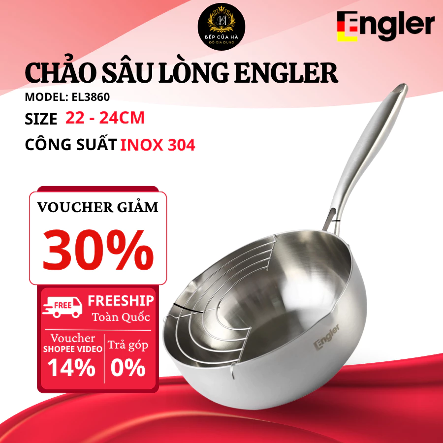 Chảo sâu lòng đáy 5 lớp Engler EL3860, chảo inox 304 nguyên khối tay cầm chống nóng cho mọi loại bếp - Bếp Của Hà