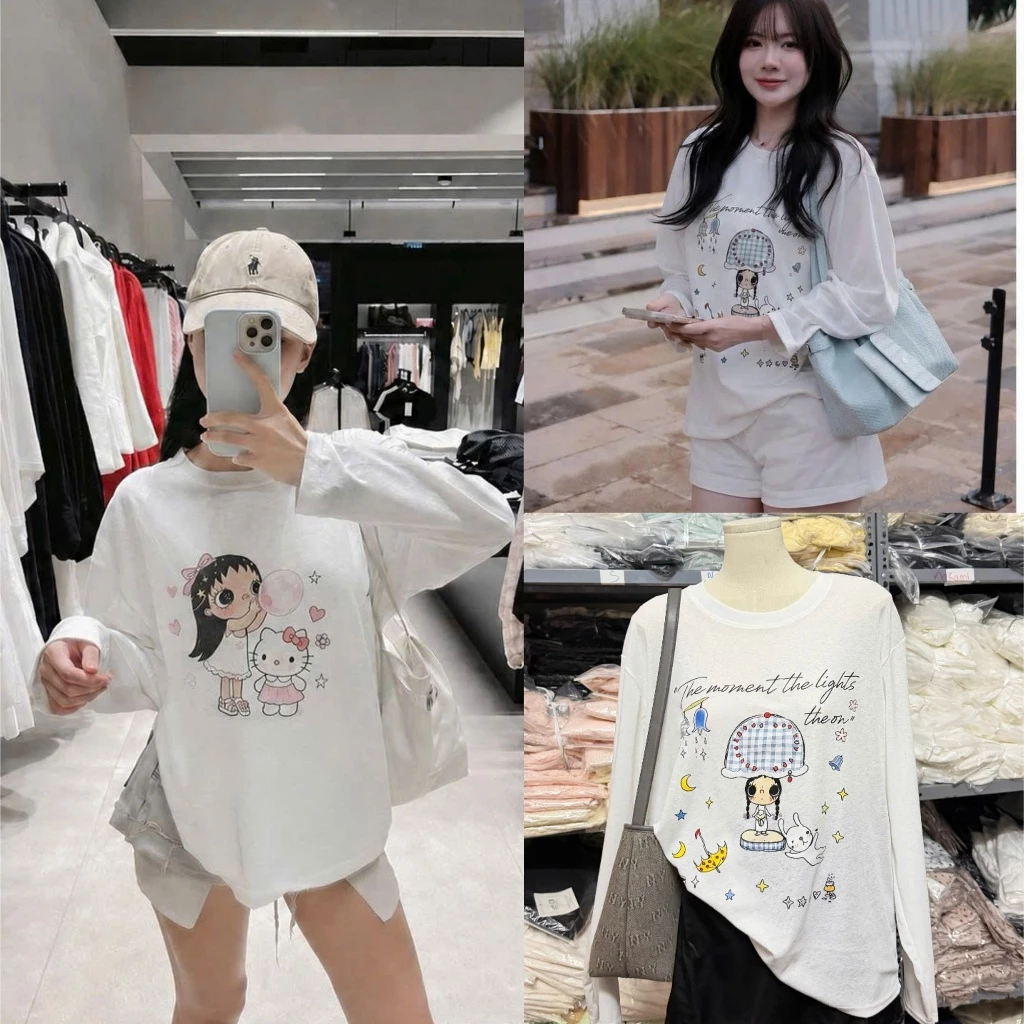 (Sẵn hàng) Áo Thun Giấy in Hình Cute hàng QC, Áo Thun Trắng Dáng rộng Trendy Thu Đông
