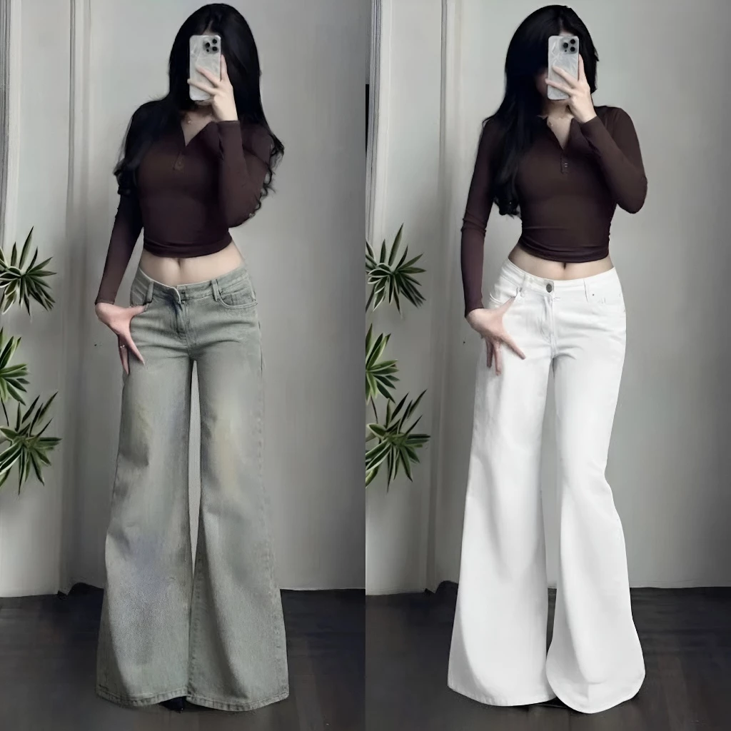 Quần Jean Nữ Lưng Cực Thấp Ống Suông Loe,Quần Bò Jean Trắng Ống Rộng Đủ Size Cực Tôn Dán