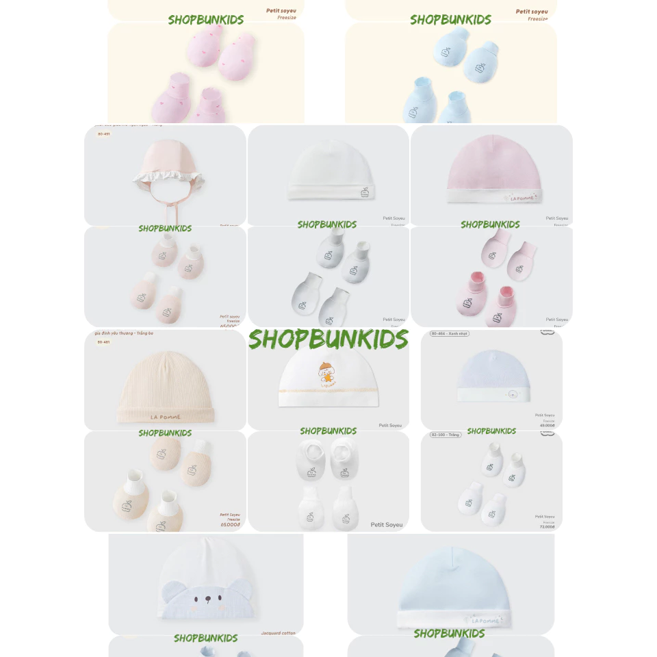 [ La Pomme ] Set mũ + bao tay + bao chân sơ sinh +  La Pomme bé 0-2 tháng , Phụ kiện sơ sinh
