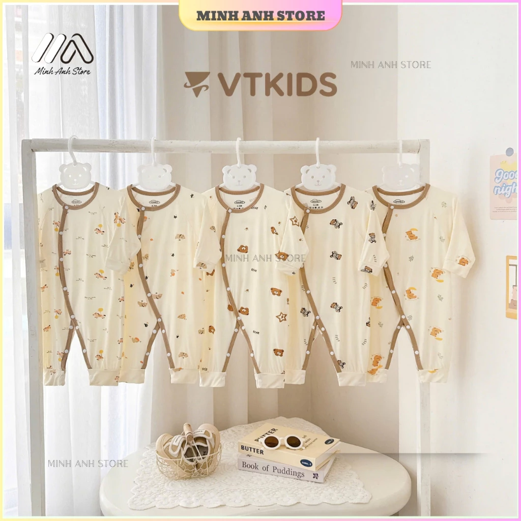 [Set 2/3/5] Body liền thân dài tay khuy bấm nền kem vải thun lạnh mềm mịn cho bé từ 3-9kg BDK01