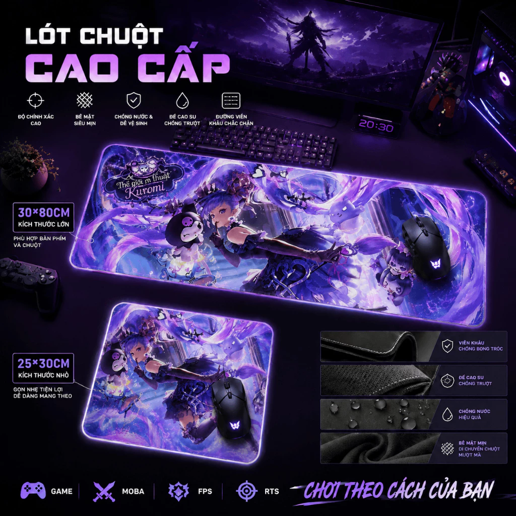 Bàn di chuột game Liên Quân, họa tiết neon huyền ảo, chống nước, trang trí bàn phím đẹp, size 80*30 & 25*30.