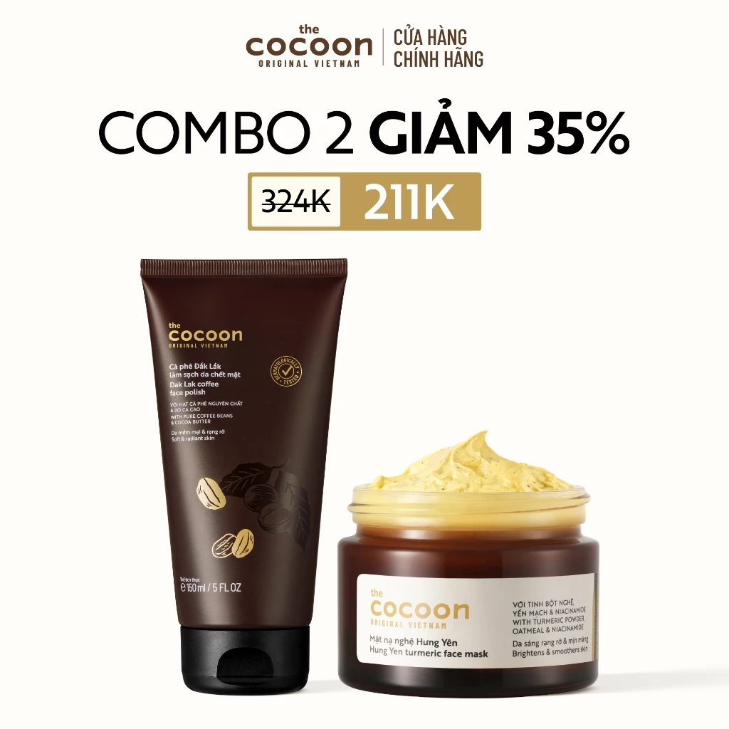[MUA 2 GIẢM 35%] Combo tẩy da chết mặt cà phê Đắk Lắk 150ml và mặt nạ nghệ Cocoon 30ml