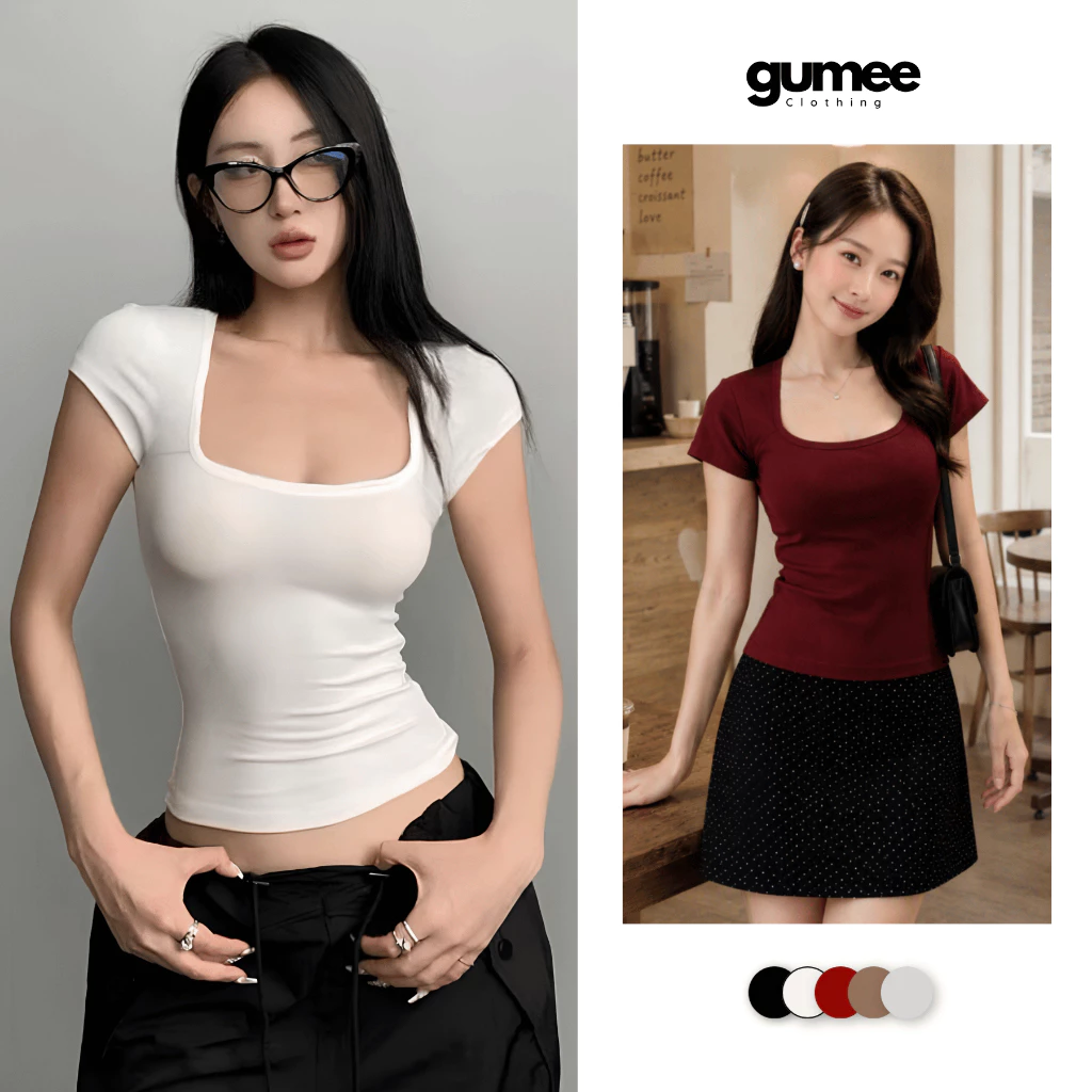 Áo thun cúp ngực nữ ôm body tay ngắn cổ vuông fit dáng chất cotton mịn co giãn tốt mặc hè Gumee- G09