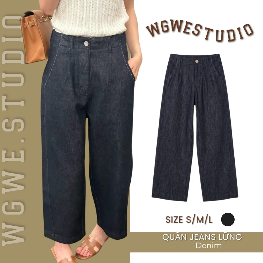 WGWE Studio Quần Jeans Lững Dáng Nấm Ống Suông - Quần Bò Ống Rộng Xanh Đậm Lưng Cao Chỉ Nổi 9930