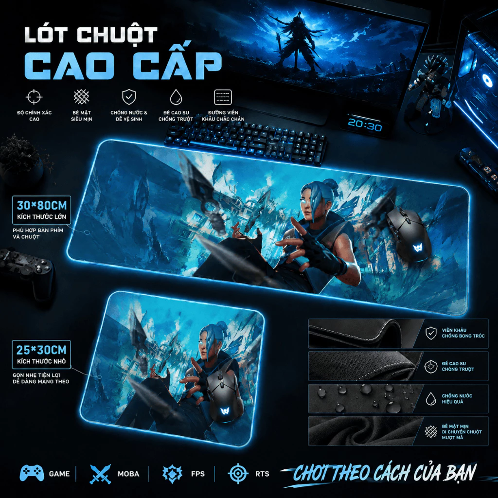 Bàn di chuột VALORANT neon đẹp, màu sắc LED huyền ảo, chống nước, trang trí bàn gaming, size 80*30 & 25*30.