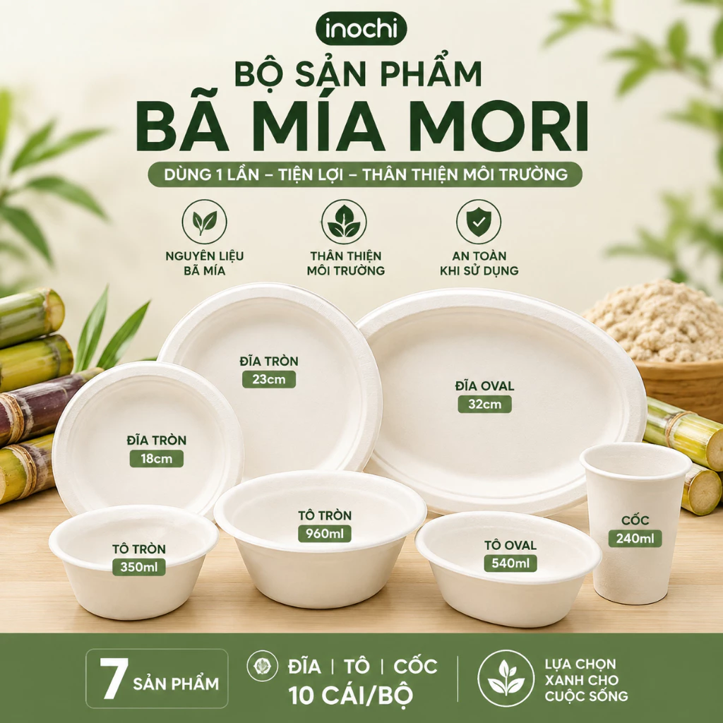 Bộ Đĩa Tô Cốc Bã Mía Mori Inochi - Đĩa 18/23/32cm, Tô 350/540/960ml, Cốc 240ml - Bộ 10 Cái, Dùng Một Lần