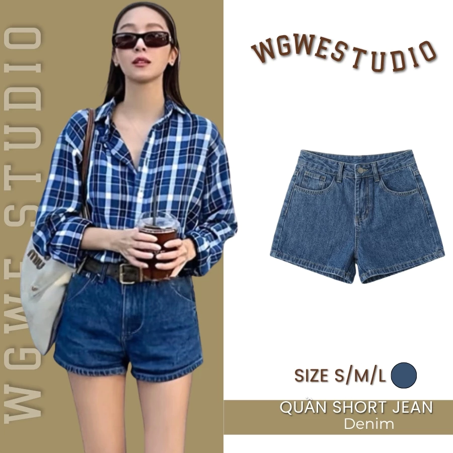 WGWE Studio - Quần Short Jeans Nữ Lưng Cao - Quần Short Bò Nữ Xanh Đậm Chất Jean Mềm Basic 10214
