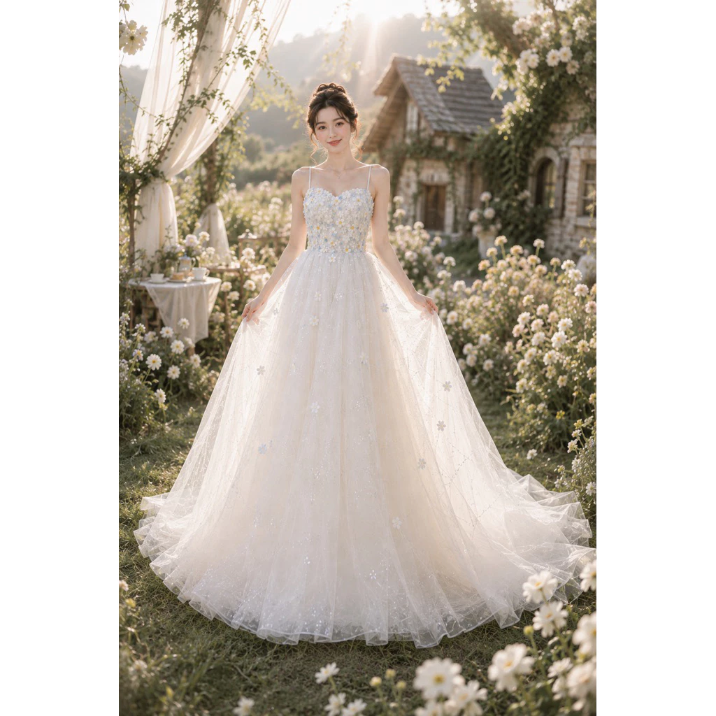 Đầm Công Chúa Nữ Dự Tiệc Hoa 3D Tulle Lấp Lánh Dáng Xòe Cúp Ngực 2 Dây Phong Cách Nàng Thơ