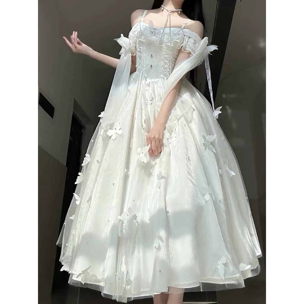Đầm Công Chúa Nữ Dự Tiệc Cổ Trễ Vai Hoa  3D Dáng Xòe Tulle Lấp Lánh Phong Cách Nàng Thơ