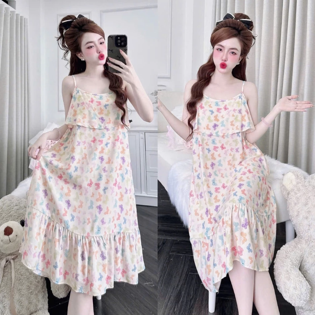 Đầm Tole 2 Dây Dáng Dài Mặc Nhà - Hoa Nhí Nhún Tầng Nữ 40-75kg