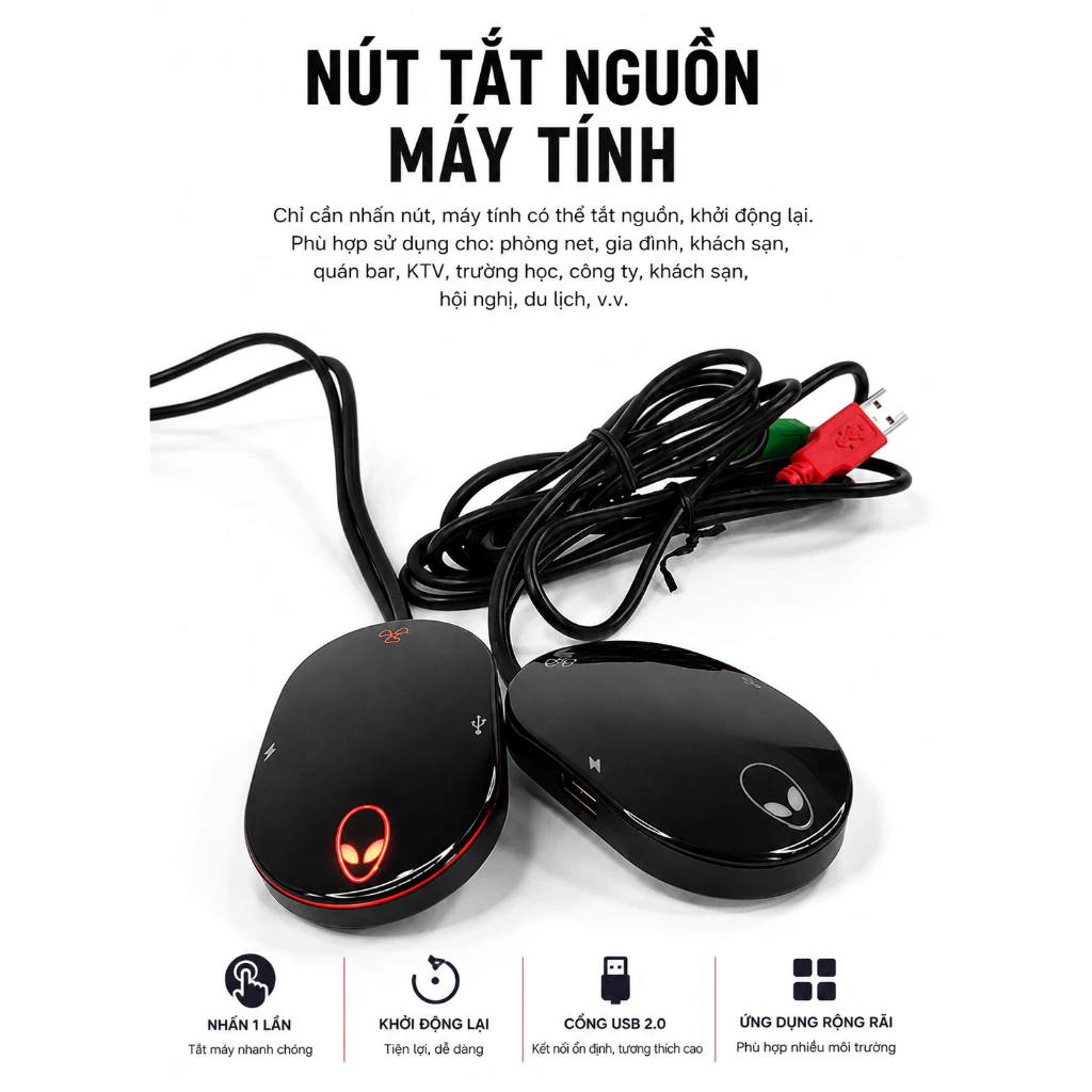 Nút Nguồn Máy Tính PC Để Bàn | Công Tắc Nguồn Ngoài | Tắt Máy + Restart | USB 2.0 | Dây 1.2m