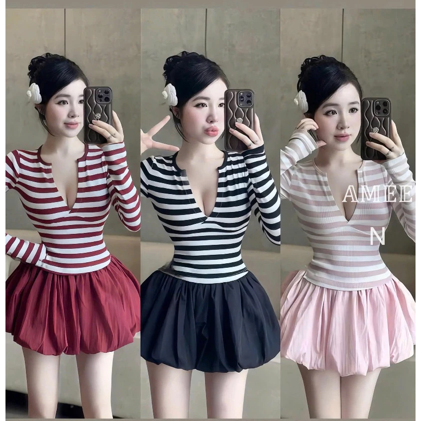Set Bộ Đồ Nữ Áo Zip Kẻ Ngang Cổ V Dài Tay Ôm Body Mix Chân Váy Gió Bí Phồng 2 Lớp