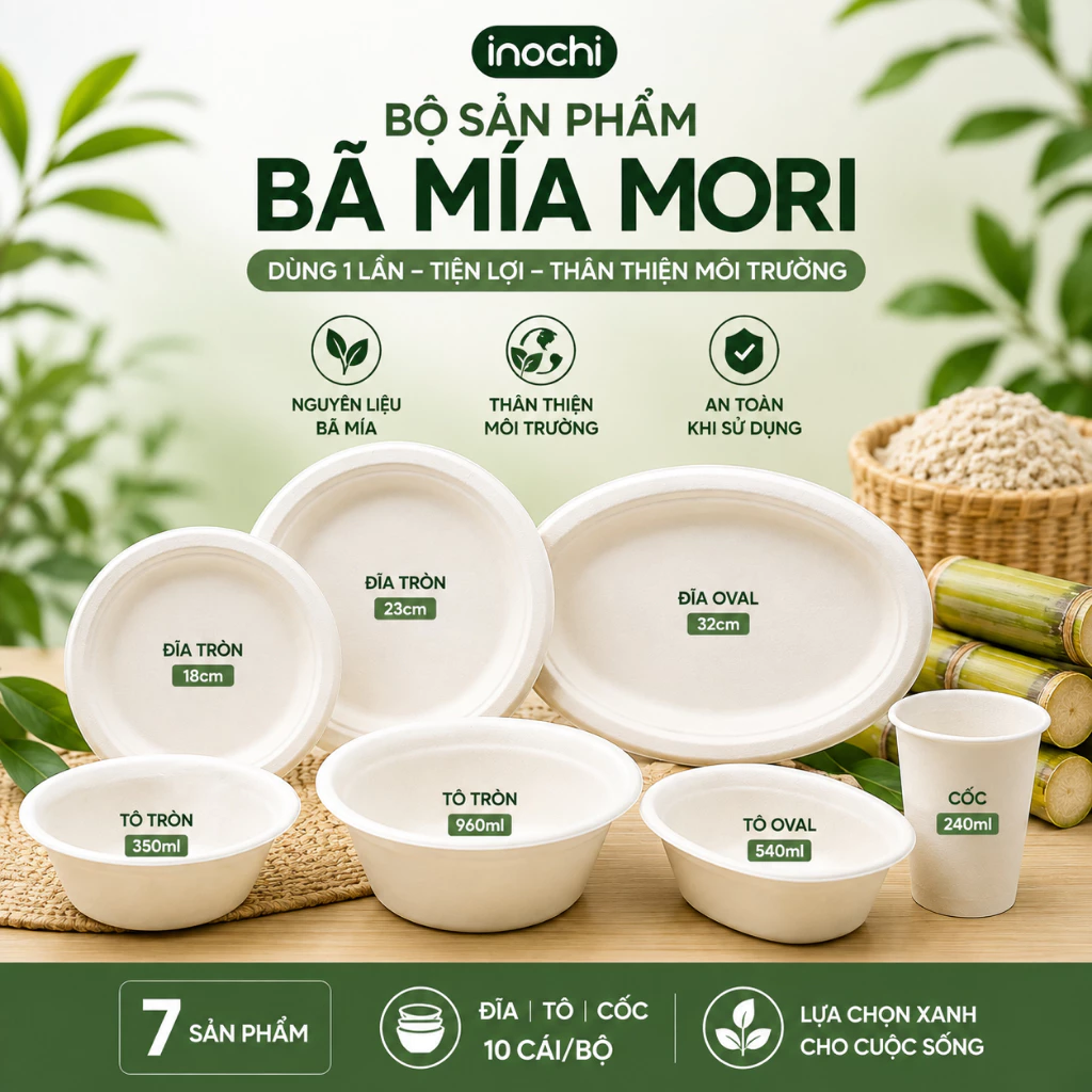 Set 10 Tô Đĩa Cốc Bã Mía Mori Inochi - Cốc 240ml, Tô 350/540/960ml, Đĩa 18/23/32cm - Tiện Lợi