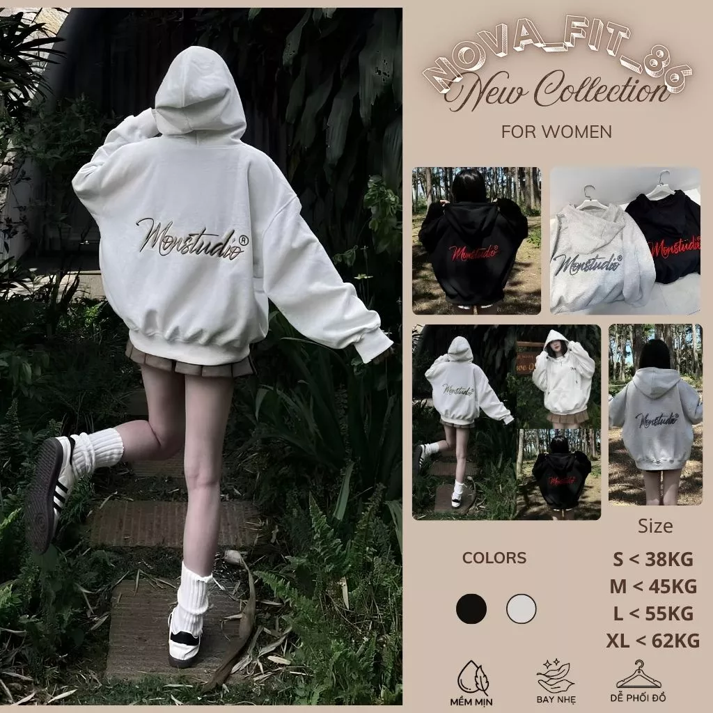 Áo Khoác Hoodie Zip Boxy Chữ Thêu Lưng Fom Dáng Rộng, Cổ Có Nút Bấm Chất Nỉ Bong Dày Dặn New
