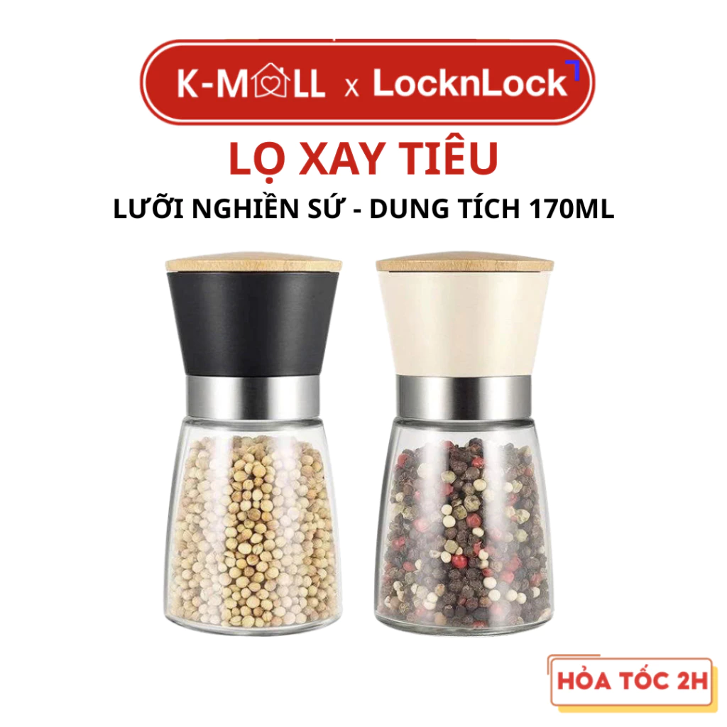 Dụng cụ xay tiêu thủy tinh LocknLock lưỡi sứ nắp gỗ sồi tiện dụng CKO115 CKO116 CKO115S2 - K-MALL