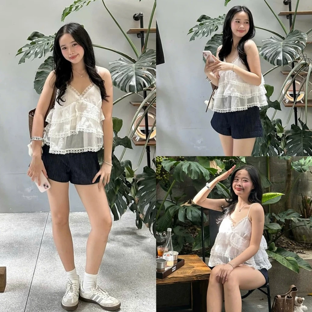 (ẢNH OLDSCHOOL) Áo 2 dây nữ ren lưới bèo 3 tầng xẻ cách điệu A5833.05 Boyoung Top