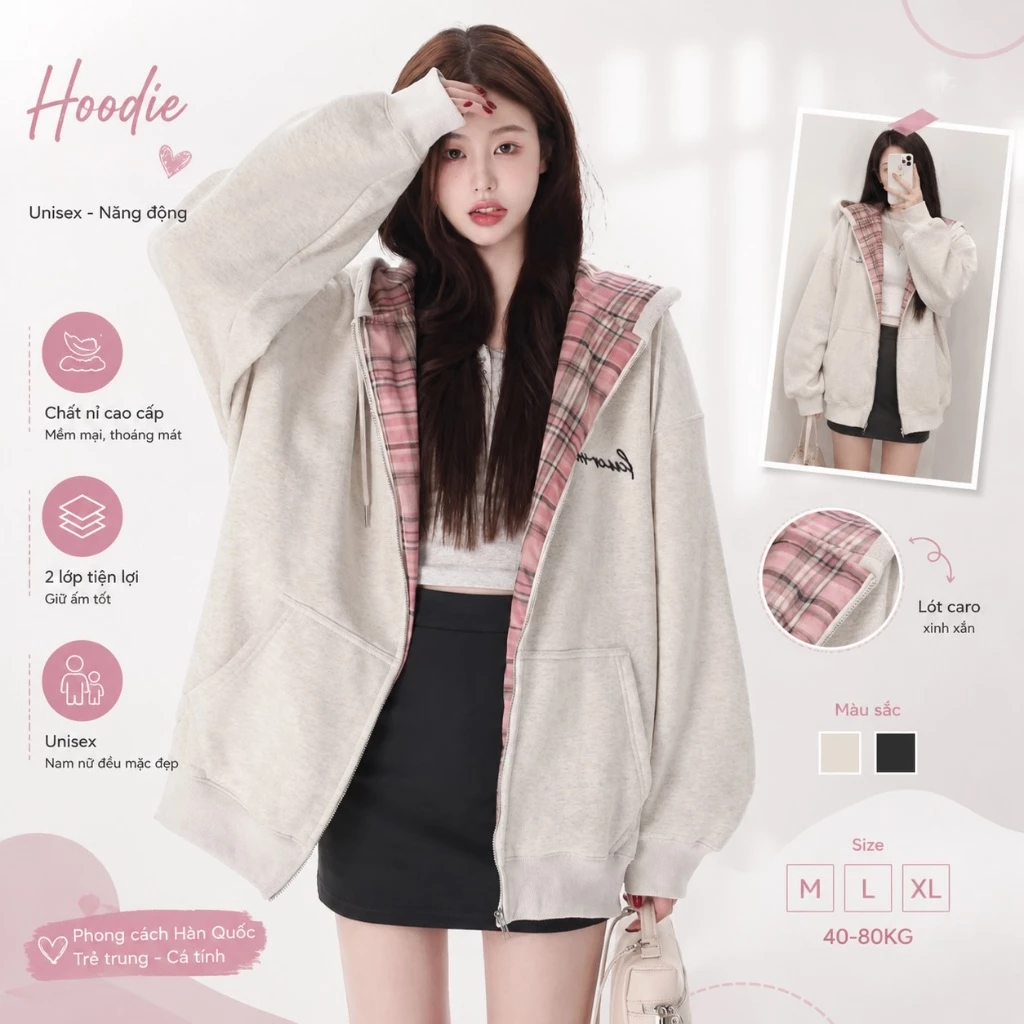 Áo Khoác Hoodie Nữ Có Mũ Viền Lót Caro Hồng Form Rộng Oversize Khóa Kéo Chất Nỉ Cotton Dày Dặn Unisex