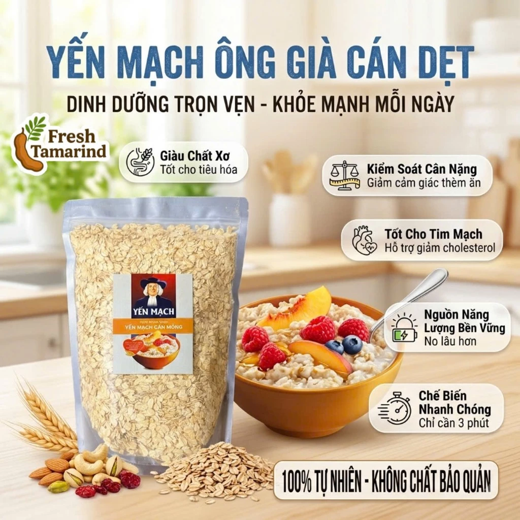 Yến Mạch Ông Già Cán Mỏng Túi 1Kg - Nấu Nhanh Ăn Khỏe