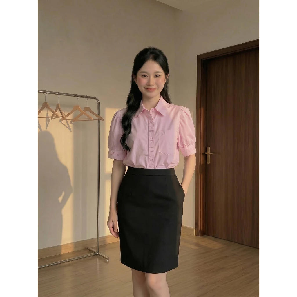 Aó sơ mi trơn cộc tay cách điệu , ngực xếp li, điệu đà tôn dáng phù hợp  đi làm đi chơi L7