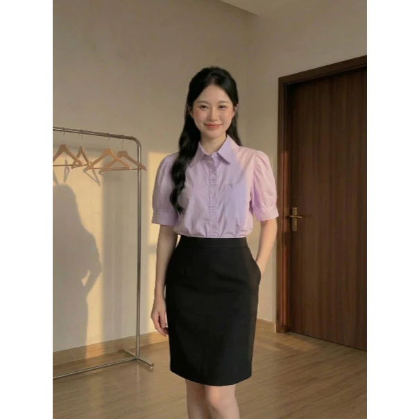 Aó sơ mi trơn cộc tay cách điệu , ngực xếp li, điệu đà tôn dáng phù hợp  đi làm đi chơi L7