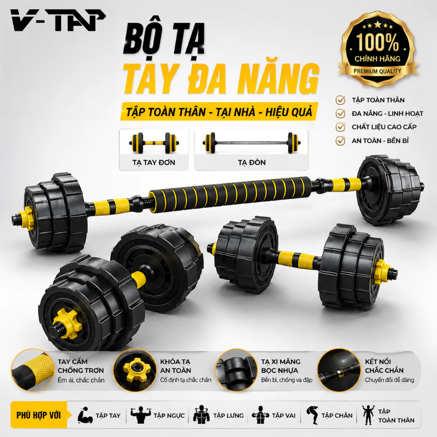 Bộ Tạ Tập Gym Tại Nhà Chất Liệu Bê Tông Bọc Nhựa, Bộ Tạ Tay Đa Năng Đầy Đủ Cân Nặng 20Kg-30Kg-40Kg