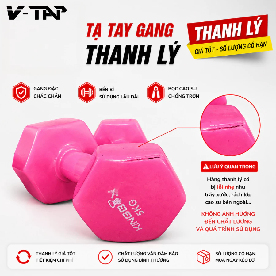 Thanh Lý Tạ Tay Lỗi V-Tap Gang Bọc Cao Su từ 1kg-6kg ( Lưu ý: tạ đã bị rách lớp cao su ở ngoài )