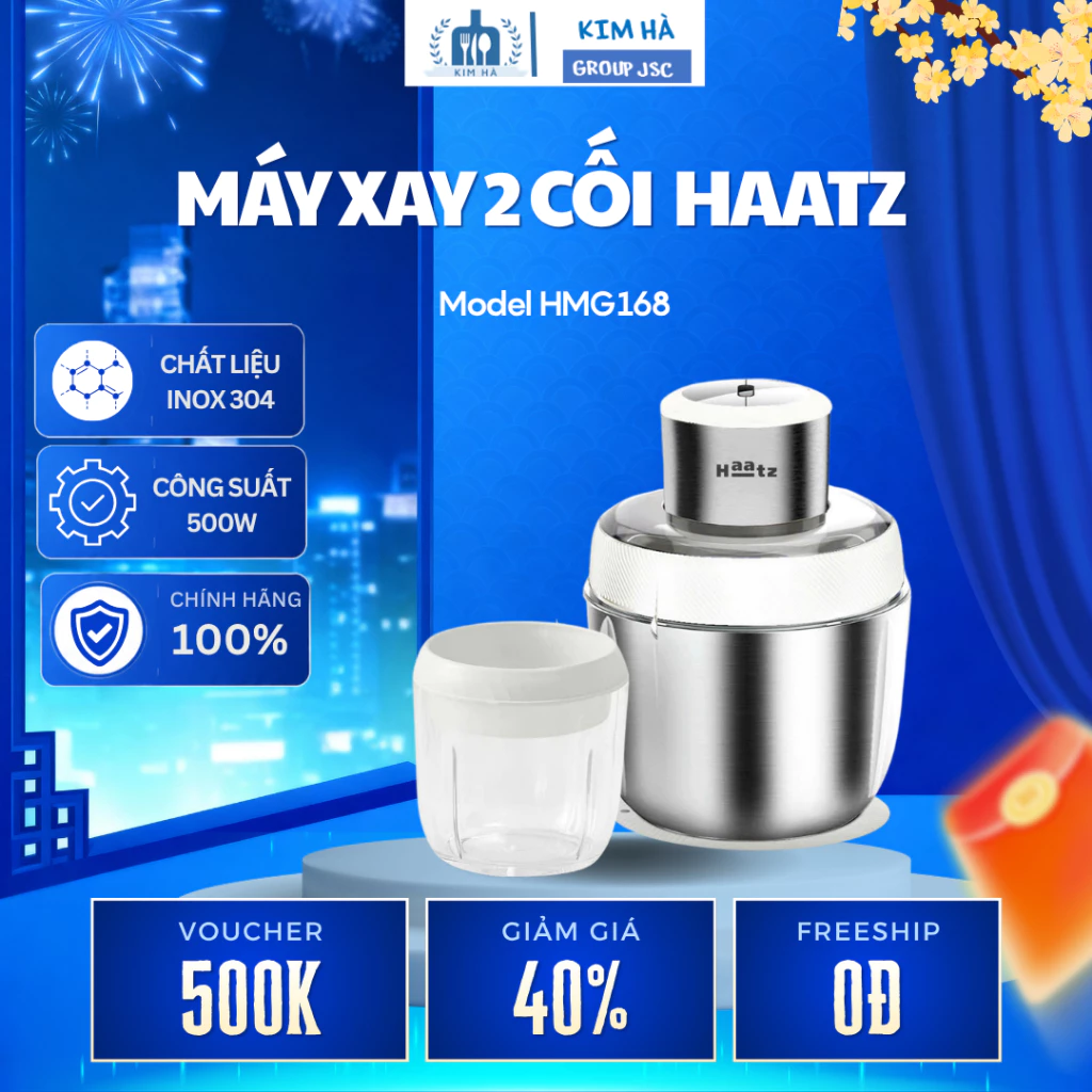 Máy Xay 2 Cối Haatz HMG168 Lưỡi Dao 4 Cánh Sắc Bén, Xay Thực Phẩm Nhanh Chóng Hiệu Quả - Kim Hà Group JSC