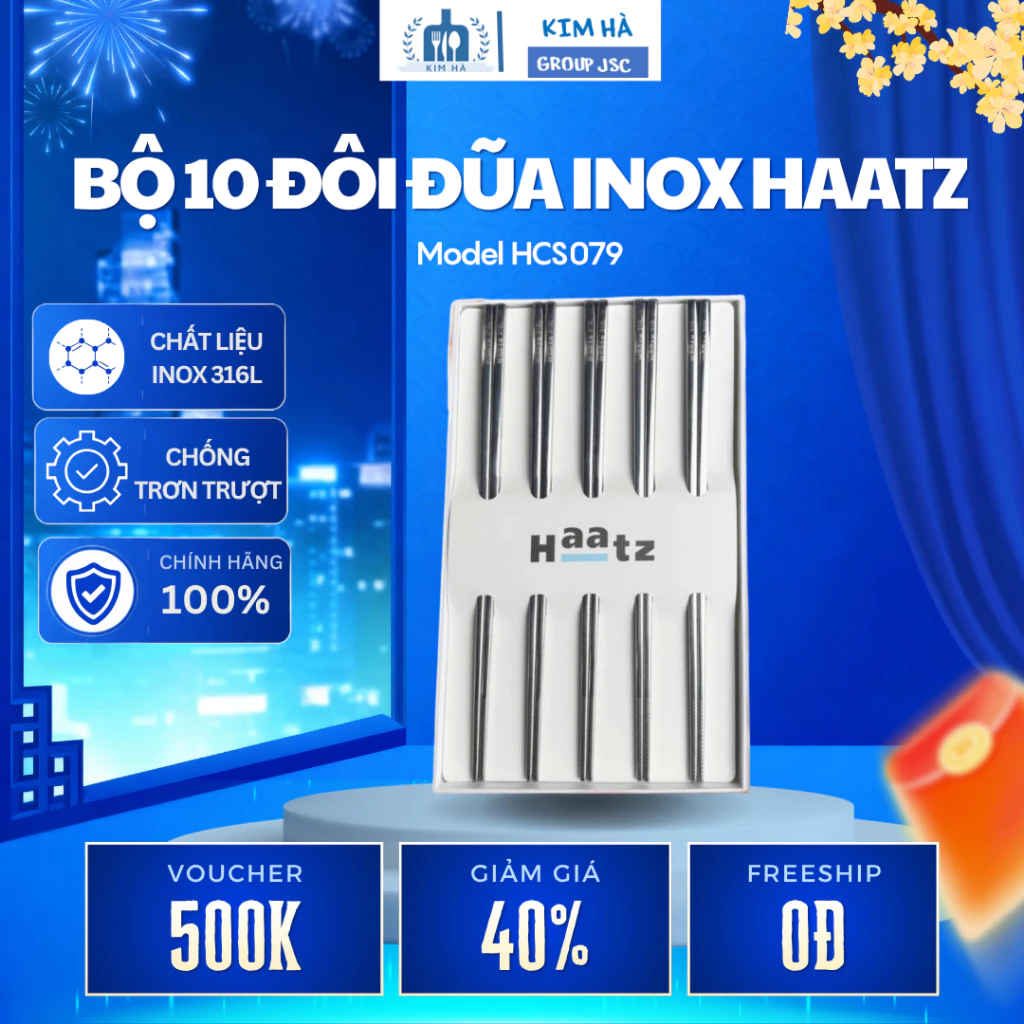 Bộ 10 Đũa Inox  316L Chính Hãng Haatz CIM316 25cm Dễ Dàng Vệ Sinh- Kim Hà Group JSC