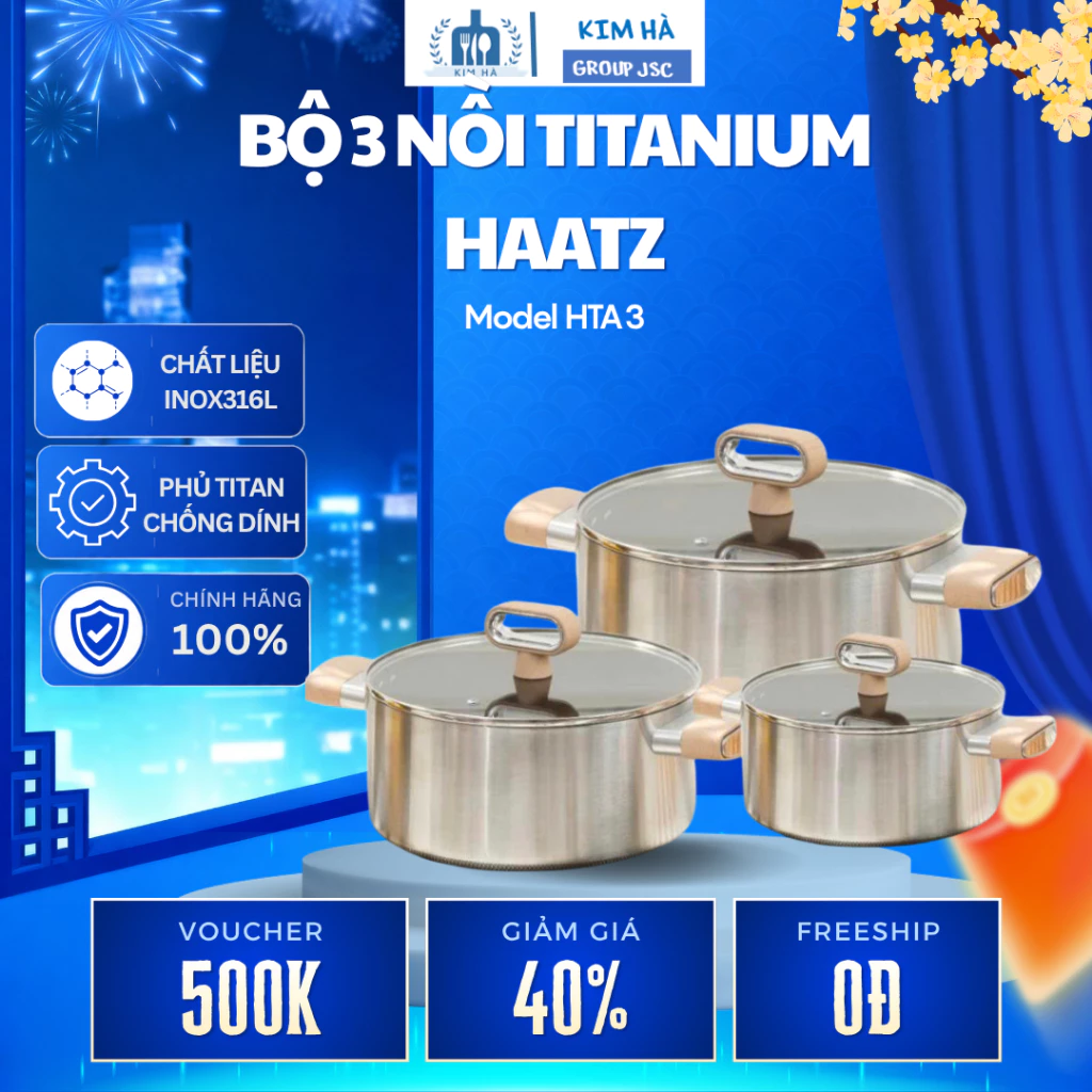 Bộ Nồi Titanium Haatz Set 3 Nồi Chất Liệu Hoàn Thiện Bền Bỉ Hỗ Trợ Chế Biến Nhiều Món Ăn - Kim Hà Group JSC