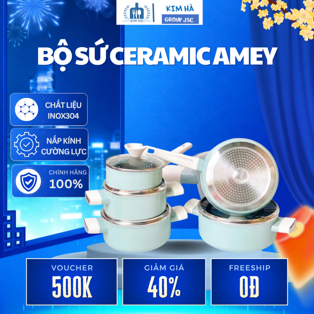 Bộ Nồi Phủ Sứ Chống Dính Amey AM096 Bề Mặt Hạn Chế Bám Thực Phẩm Giúp Chùi Rửa Dễ Hơn - Kim Hà Group JSC