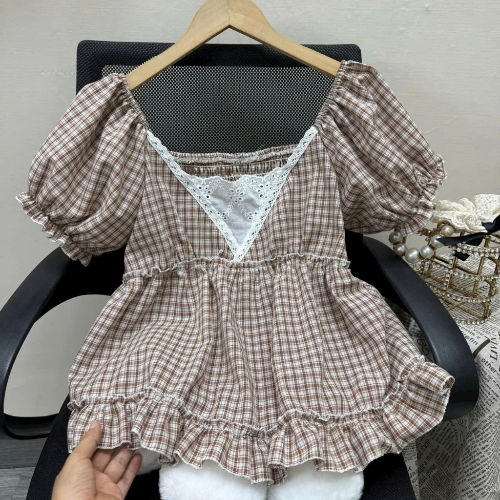 Áo Kiểu Bigsize Nữ Tiểu Thư Dáng Peplum, Áo Thun Ngắn Tay Tôn Dáng Sọc Phối Viền Hoa Bèo Xinh -A368