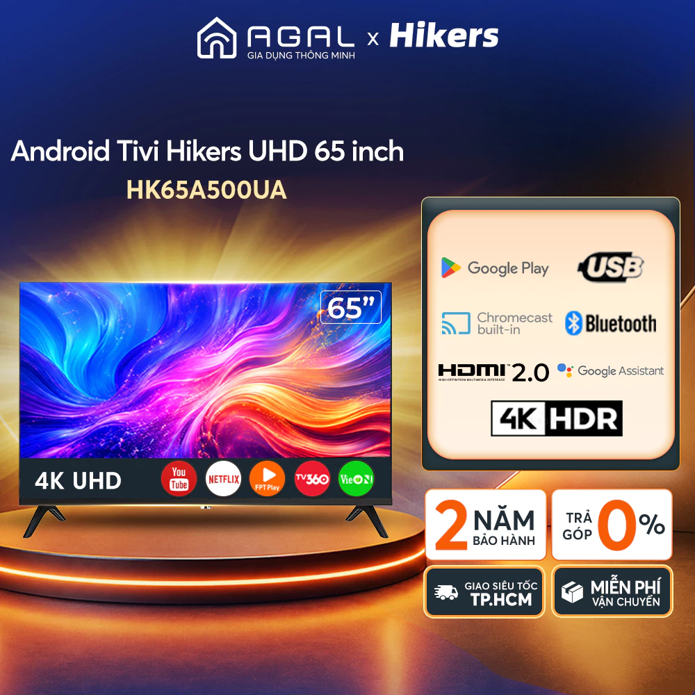 Smart tivi Hikers 65 inch 4K HK65A500UA Điều khiển bằng giọng nói, Trả góp 0% - Bảo hành 2 năm