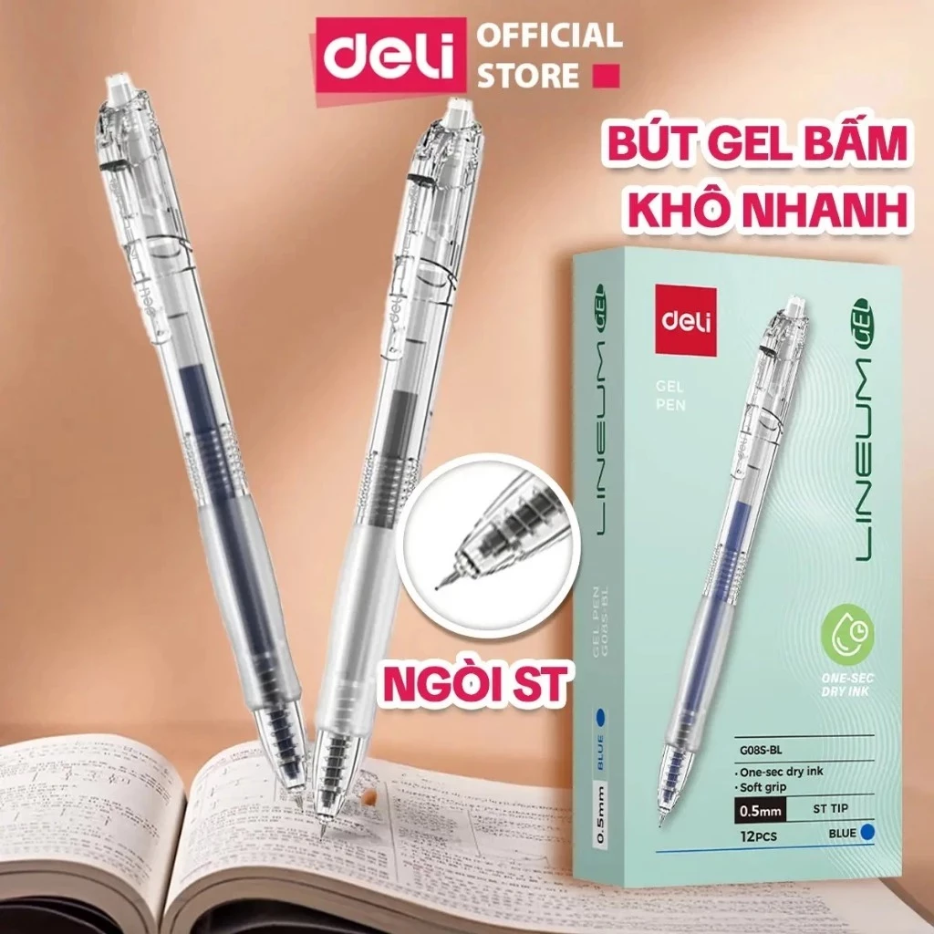 [TRỢ GIÁ EG08S] Hộp 12 Bút Gel Bấm EG08S Deli Ngòi ST 0.5mm Nhanh Khô Mực Xanh Đen Đỏ Đều Mực Có Đệm Tay