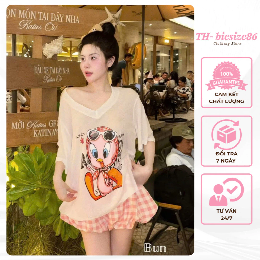 (122)Set áo thun ngắn tay cổ V mix chân váy bí kẻ caro form dưới 60kg