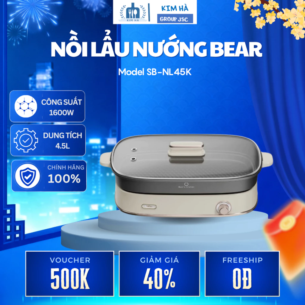 Nồi Lẩu Nướng Điện Bear SB-NL45K Dung Tích 4.5L Thiết Kế Chắc Chắn Hiện Đại, Nấu Linh Hoạt Nhiều Món - Kim Hà Group JSC