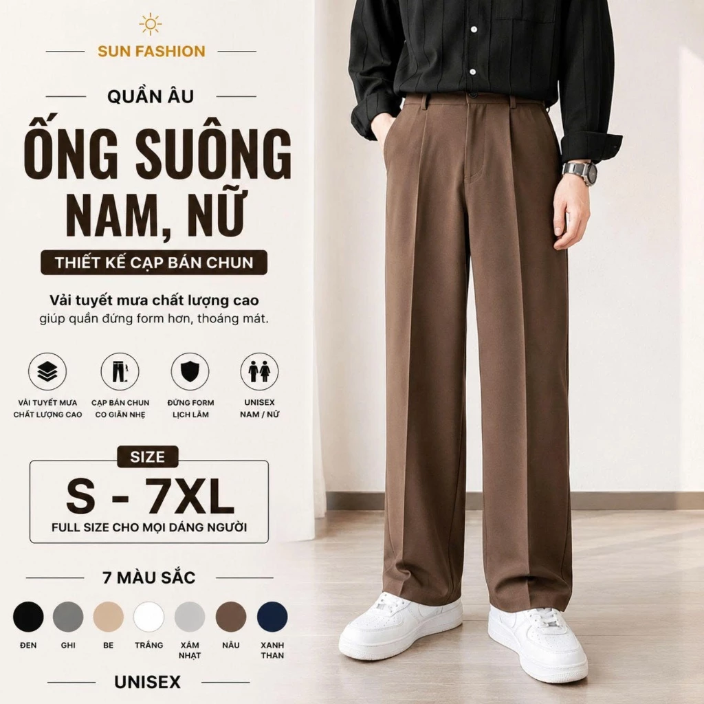 Quần âu ống suông nam, nữ X01 thiết kế cạp bán chun SUN màu NÂU basic dễ phối, vải mềm mịn thoải mái hoạt động